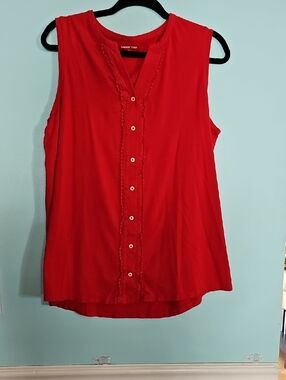 Lands' End Bright Red Sleeveless Button-Front Shell with Lace Trim
